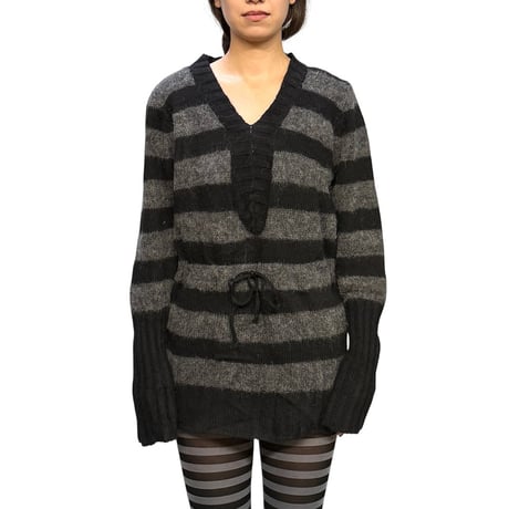 【USED】00's Italian Mohair Gothic Stripe Drawstring Knit Tunic