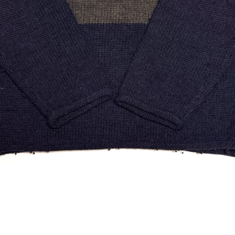 【USED】00's J.CREW Roll-Neck Wool Sweater - Slate Blue × Charcoal × Navy Block Stripes
