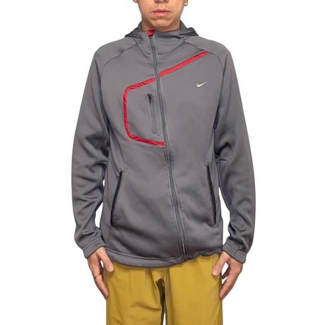 【USED】00's NIKE SPHERE DRY Asymmetrical Front-Zip Tech Hoodie Grey / Red