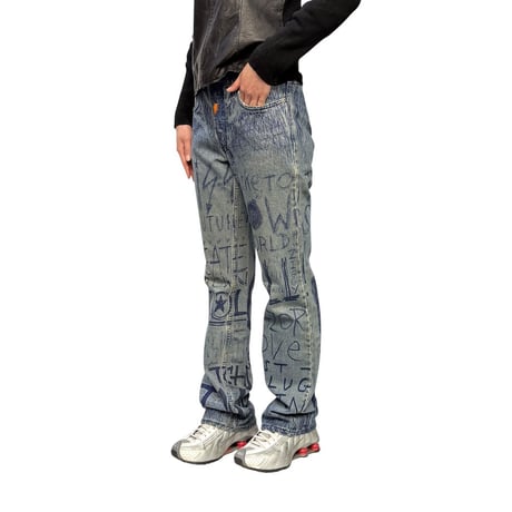 【USED】90's W.&L.T. "KISS THE FUTURE" Graffiti Print Denim Pants