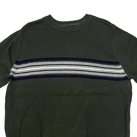【USED】00'S ST. JOHN'S BAY LINE COTTON KNIT SWEATER KHAKI