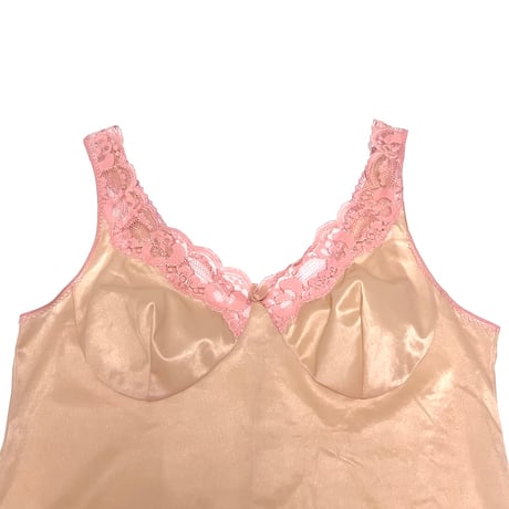 【USED】70's Enka Perlon LINGERIE SLIP MINI DRESS BEIGE
