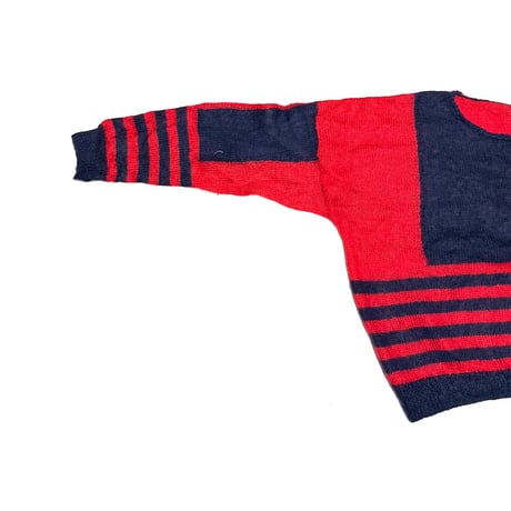 【USED】80's Hand-Knit Red & Navy Block Stripe Sweater
