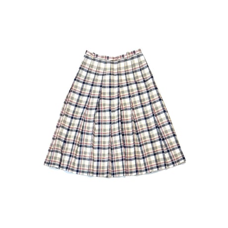 【USED】Vintage PLAID PLEATED MIDI SKIRT with LINING NAVY × BEIGE