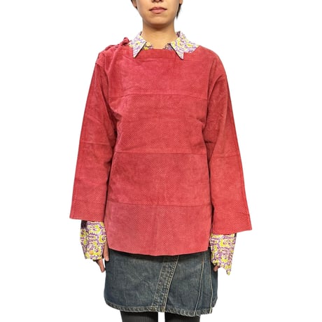 【USED】80's Euro Vintage Dusty Red Perforated Leather Lace-Up Top