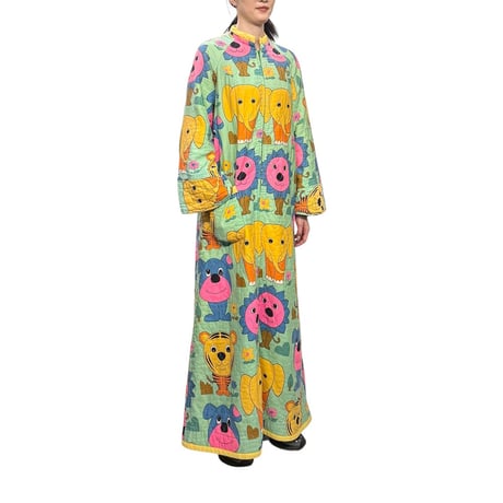 【USED】70's HANDMADE ANIMAL PRINT QUILTING FABRIC MAXI DRESS