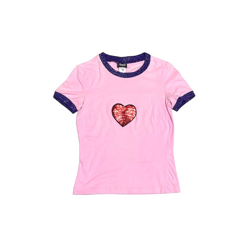 D&G リボンTシャツ USED】00's D&G Sequin Heart Glitter Ringer Baby