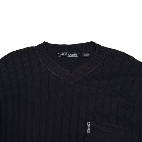 【USED】90's GUESS JEANS Ribbed Cotton V-Neck Knit with Pocket