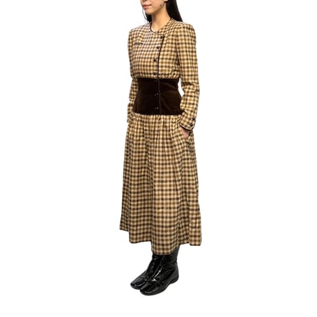 【USED】80's Valentino Garavani BOUTIQUE Gingham Dress with Velvet Waist Panel