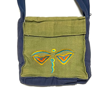 【USED】90's NEPAL BUDDHA EYE × LOTUS EMBROIDERED SHOULDER BAG MATCHA/SLATE BLUE