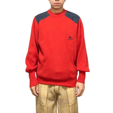 【USED】80'S-90'S BURBERRYS RED WOOL SWEATER ELBOW PATCHES