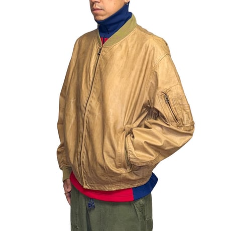 【USED】90's EMPORIO ARMANI Leather MA-1 Flight Jacket Sand Beige