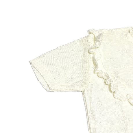 【DEAD STOCK】70's-80's 100% ACRYLIC FRILL KNIT S/S TOP WHITE