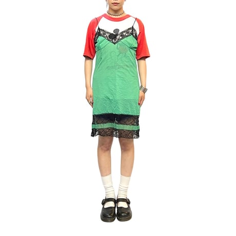 【USED】60's LINGERIE SLIP MINI DRESS GREEN × BLACK LACE