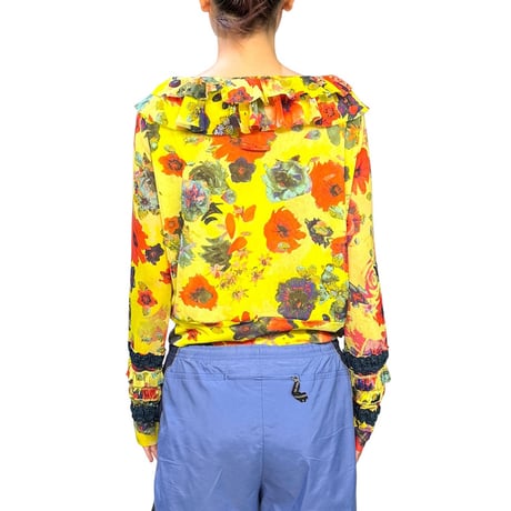 【USED】00's Jean Paul GAULTIER SOLEIL Mesh Floral Ruffle Top Yellow
