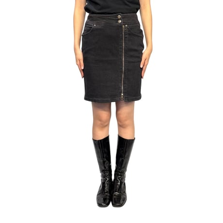 【USED】90's DKNY JEANS Front Zip Black Denim Pencil Skirt