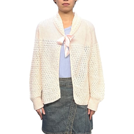 【USED】70's Damart "Thermolactyl" Pastel Knit Cardigan with Satin Ribbon