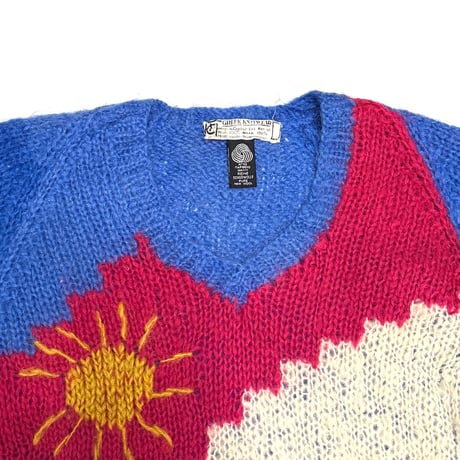 【USED】80's Greek Handmade Pure Wool “Sunset & House” Art Knit Sweater