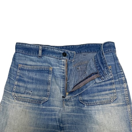 【USED】70's French Wide Flare Work Denim Heavy Fade & Authentic Repairs
