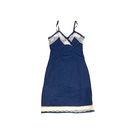 【USED】70's LINGERIE SLIP DRESS NAVY WHITE LACE