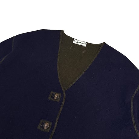 【USED】90's L.L.Bean Wool Cardigan Navy × Olive Trim Design