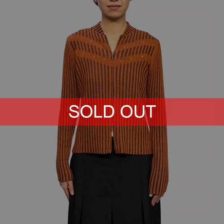 【USED】90's Sheer Stripe Zip-Up Knit Top with Stud Details