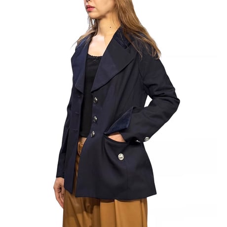 【USED】80's-90's PIERRE BALMAIN UNIFORMES Velvet-Collar Navy Wool Blend Jacket