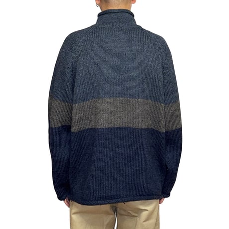 【USED】00's J.CREW Roll-Neck Wool Sweater - Slate Blue × Charcoal × Navy Block Stripes