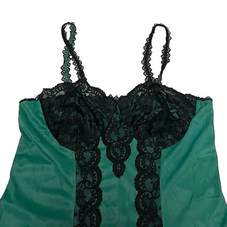 【USED】60's-70's Perlon LINGERIE SLIP DRESS GREEN BLACK LACE