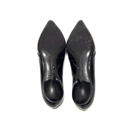 【USED】00's PRADA Pointed-Toe Kitten Heel Pumps Black Leather Buckle Detail