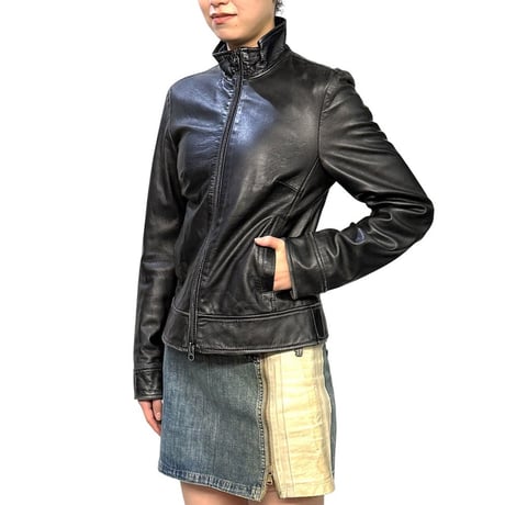 【USED】00's UNITED COLORS OF BENETTON Black Leather Jacket OPTI Zip