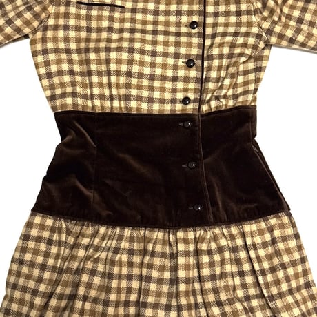 【USED】80's Valentino Garavani BOUTIQUE Gingham Dress with Velvet Waist Panel