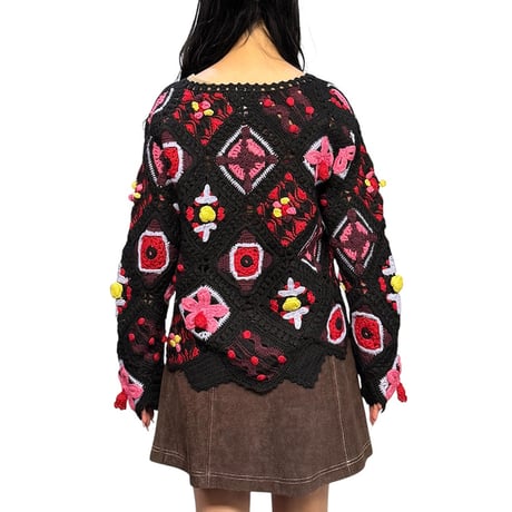 【USED】80's PENSOIO Spiritual Motif Embroidered Crochet Knit Pullover