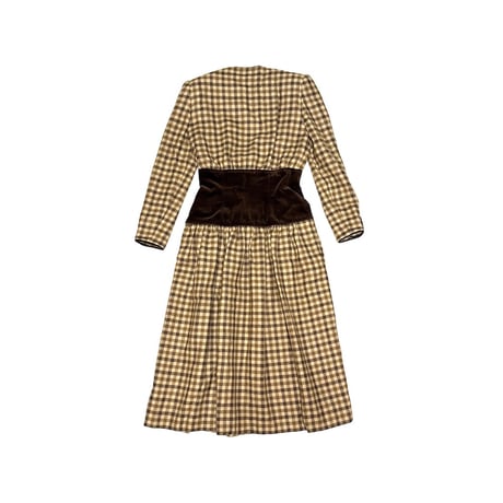 【USED】80's Valentino Garavani BOUTIQUE Gingham Dress with Velvet Waist Panel