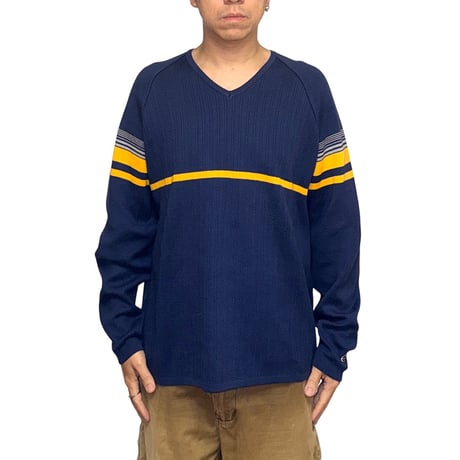 【USED】00's NIKE Tiger Woods Line V-Neck Cotton Knit Navy × Yellow