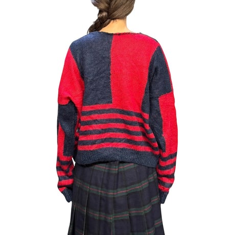 【USED】80's Hand-Knit Red & Navy Block Stripe Sweater