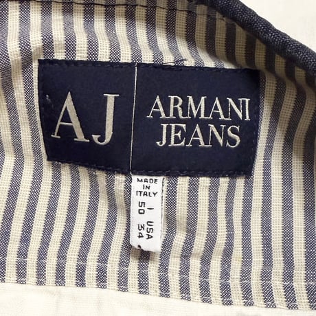 【USED】00's ARMANI JEANS Collarless Hemp Trucker Jacket