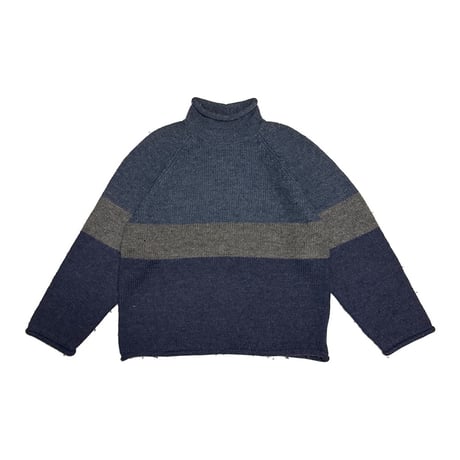 【USED】00's J.CREW Roll-Neck Wool Sweater - Slate Blue × Charcoal × Navy Block Stripes