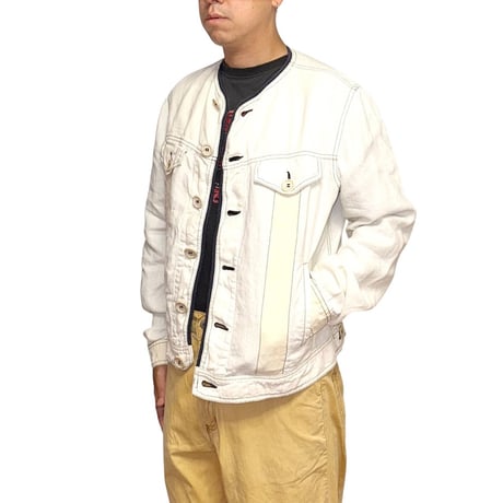 【USED】00's ARMANI JEANS Collarless Hemp Trucker Jacket