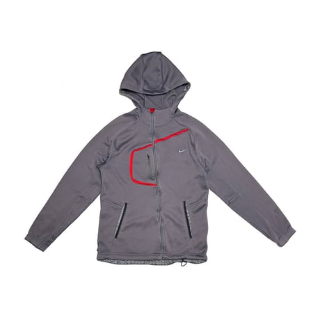 【USED】00's NIKE SPHERE DRY Asymmetrical Front-Zip Tech Hoodie Grey / Red