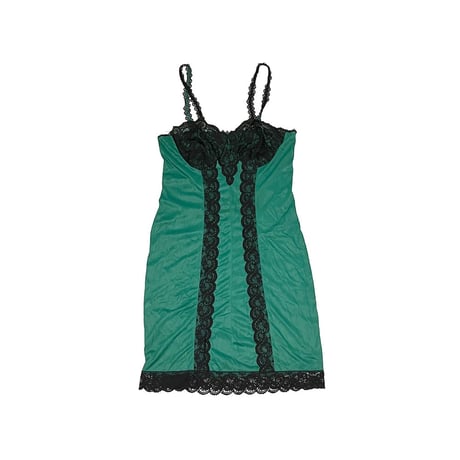 【USED】60's-70's Perlon LINGERIE SLIP DRESS GREEN BLACK LACE