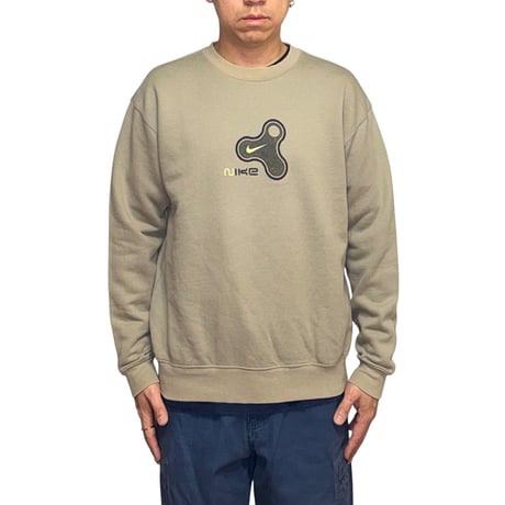 【USED】00's NIKE Hand-Spinner Flocked Logo Crewneck Sweatshirt Sand Khaki