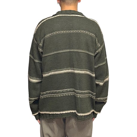 【USED】90's BENETTON Skipper Olive Stripe Knit Pullover Made in Italy