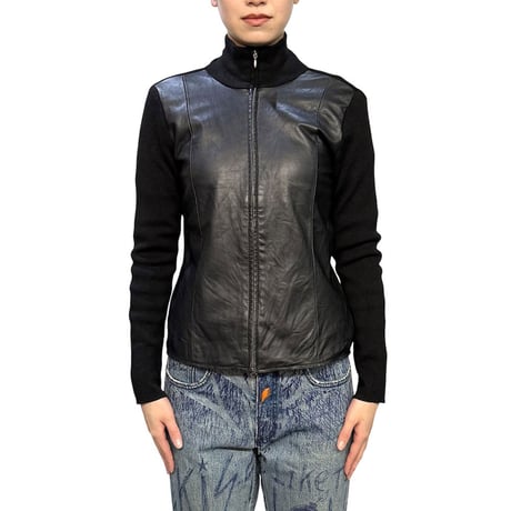 【USED】00's Eddie Bauer Leather × Merino Wool Hybrid Zip Jacket Black
