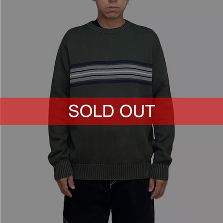 【USED】00'S ST. JOHN'S BAY LINE COTTON KNIT SWEATER KHAKI