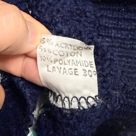【USED】80's Fétiche France Textured Stripe Knit Pullover Navy × White