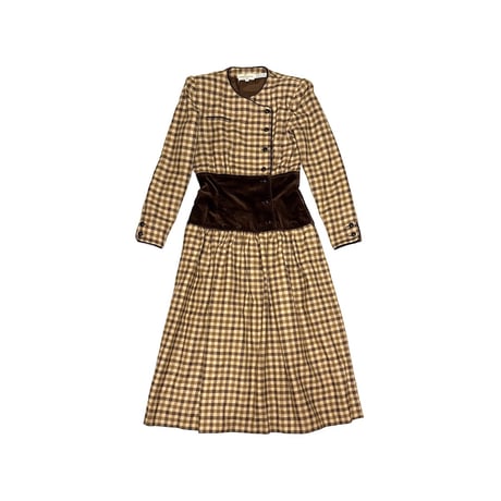 【USED】80's Valentino Garavani BOUTIQUE Gingham Dress with Velvet Waist Panel