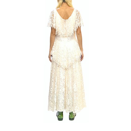 【USED】70'S a la Carte BABY PINK LACE FLUTTER SLEEVE DRESS