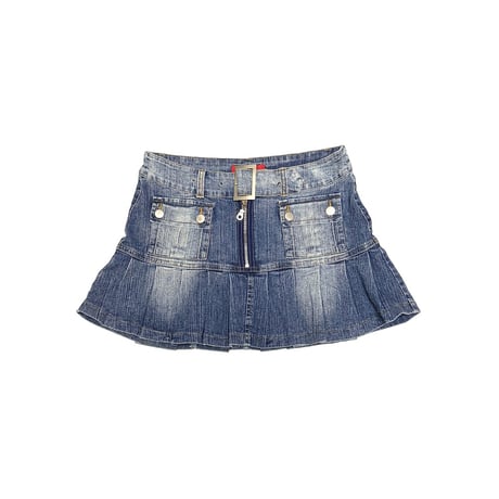 【USED】00's Tenghong Belted Zip-Front Denim Mini Skirt