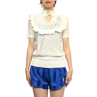 【DEAD STOCK】70's-80's 100% ACRYLIC FRILL KNIT S/S TOP WHITE